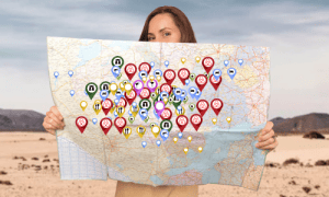 Comprehensive New Zealand travel map with accommodation and attraction icons for trip planning.