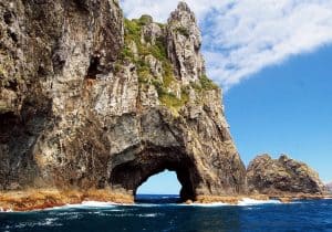 Scenic view of Hole in the Rock during a cruise in Milford Sound, New Zealand.