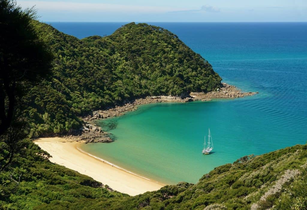 Panoramic view of a golden sand beach and turquoise water fringed by lush native green forest in Abel Tasman National Park, New Zealand.