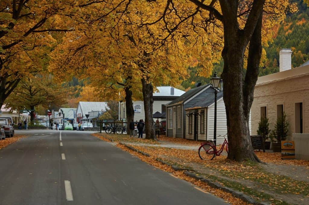 The main street of Arrowtown in autumn, lined with large sycamore trees in full golden and amber colour, with heritage stone and timber shopfronts, fallen leaves covering the footpath, and the Lakes District Museum visible in the background.