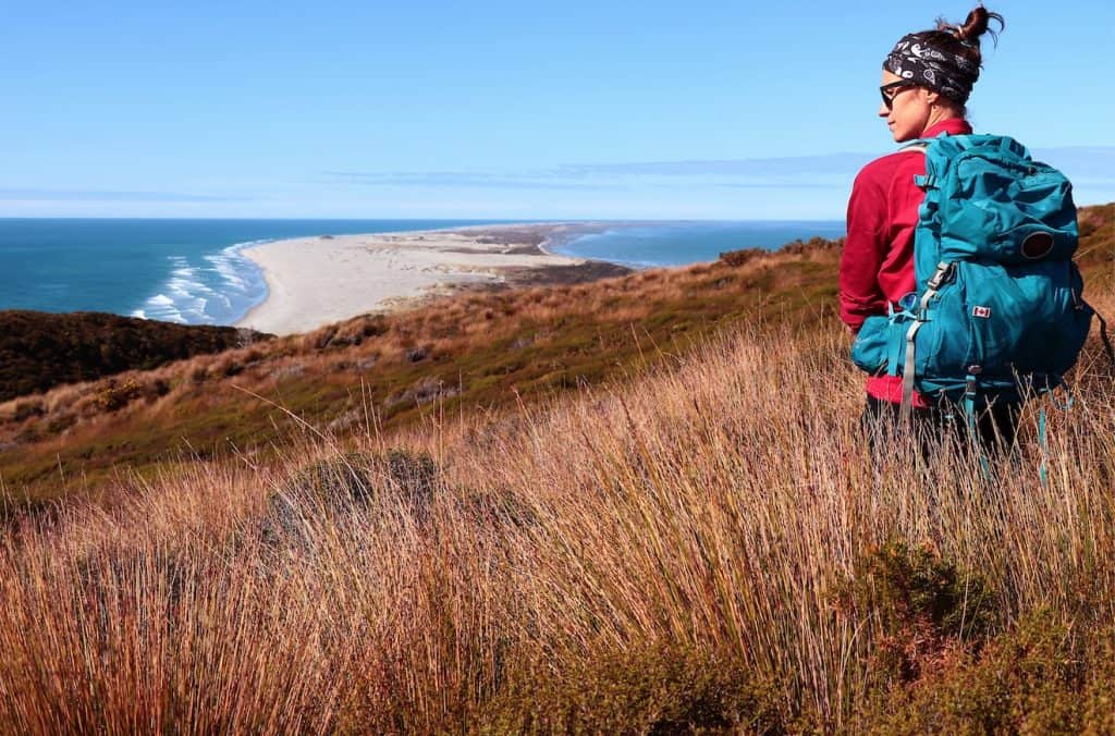 A tramper with a backpack hiking along a rugged coastal track, looking out at the long, sandy arc of Farewell Spit and Golden Bay in the distance.