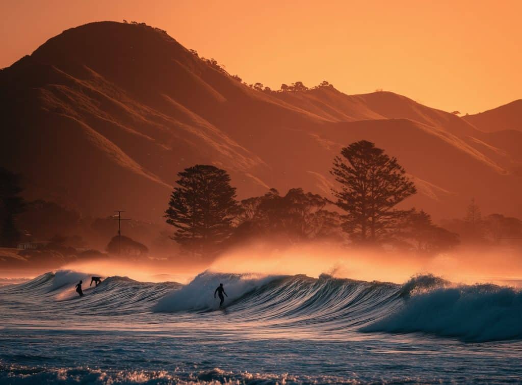 Three surfers riding powerful waves at sunset at Raglan on the Waikato west coast, with the rolling hills behind the town silhouetted in deep orange light and sea mist drifting across the break.
