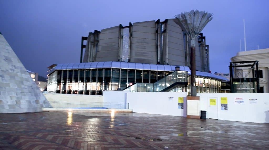 The main modern architectural entrance and plaza of the Museum of New Zealand Te Papa Tongarewa in Wellington.